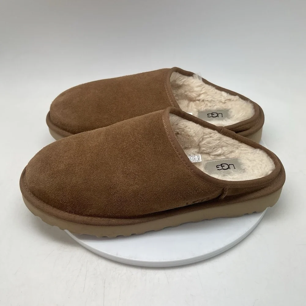 UGG Slippers Mens 9 Slip On Suede Brown Fur Lined‎ Comfort Casual 1129290 Shoes